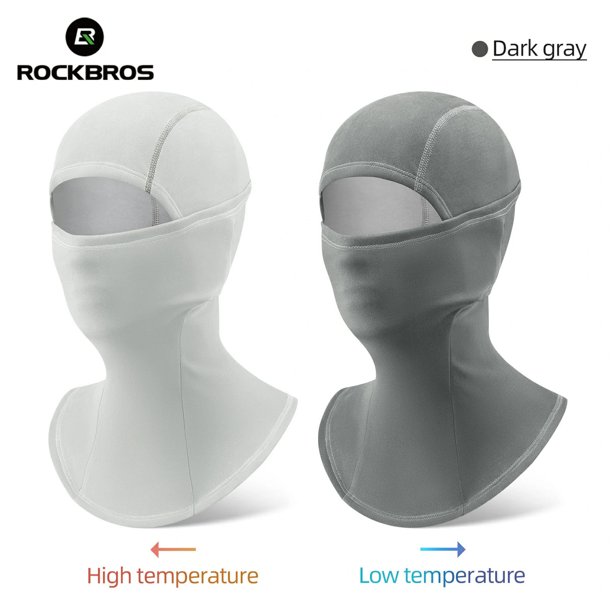 Two gray balaclavas on mannequin heads with 'RockBros' branding, labeled for high and low temperature use. #color_Dark Gray