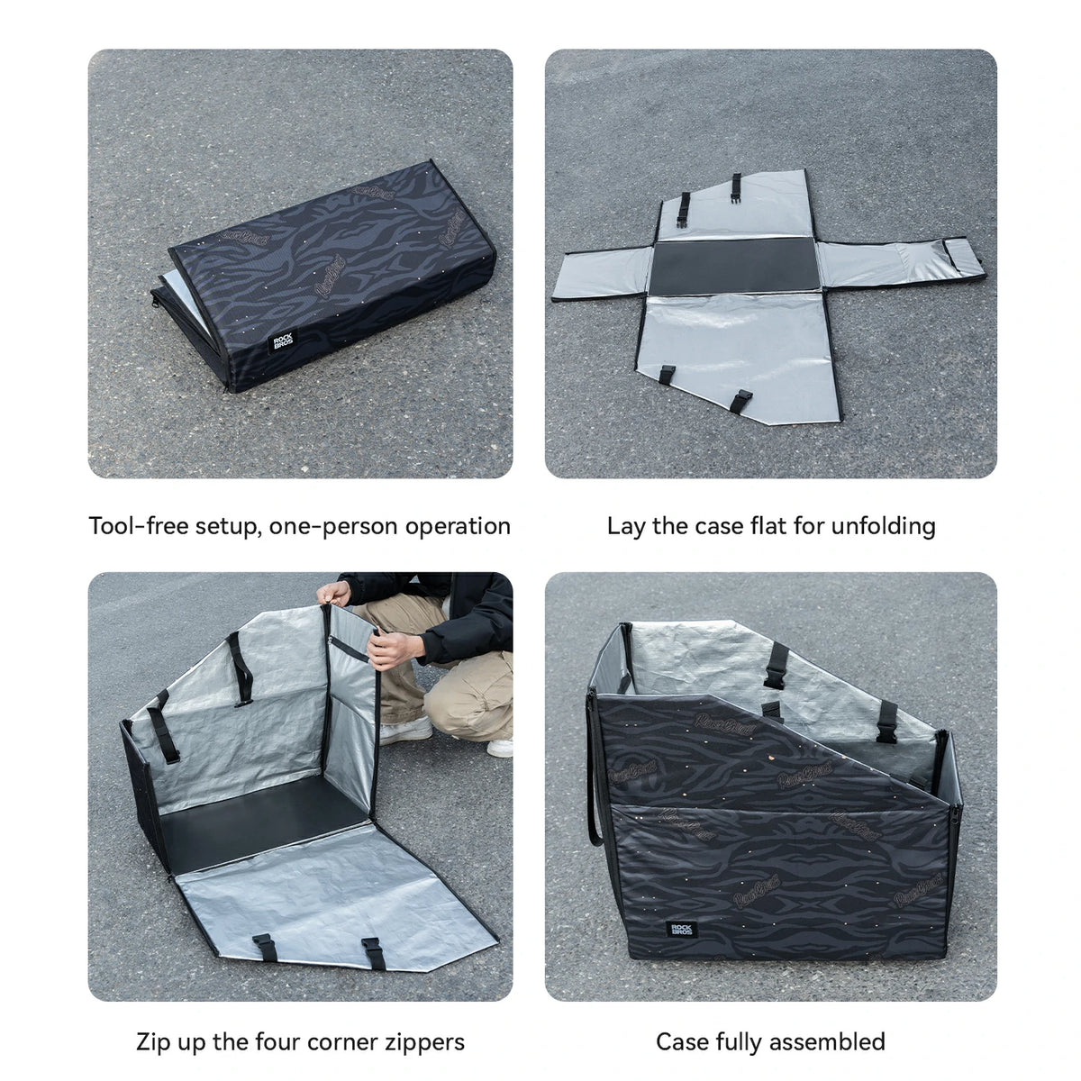 Step-by-step guide on how to set up a folding case with text instructions.