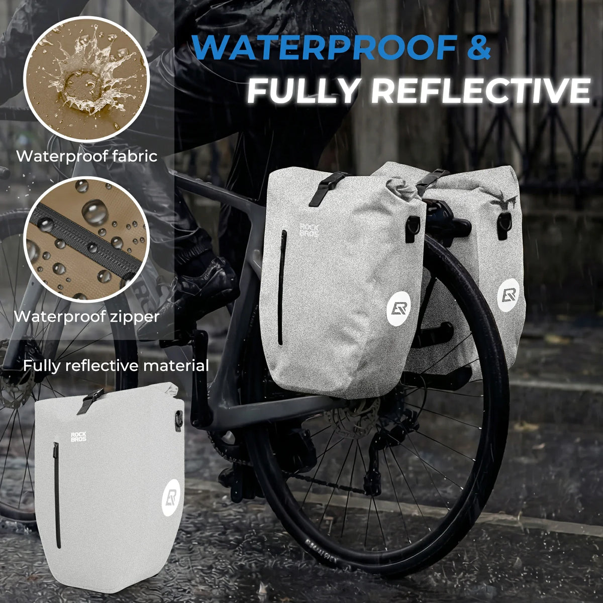 Fully waterproof bike pannier bag 20L in black#Color_Full-Reflective