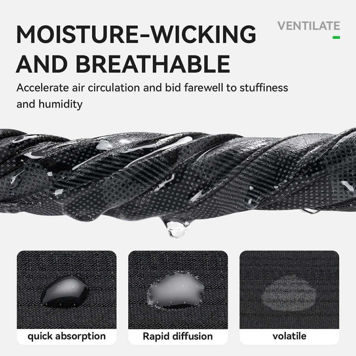 Text about moisture-wicking and breathable material with a close-up of fabric showing water droplets.