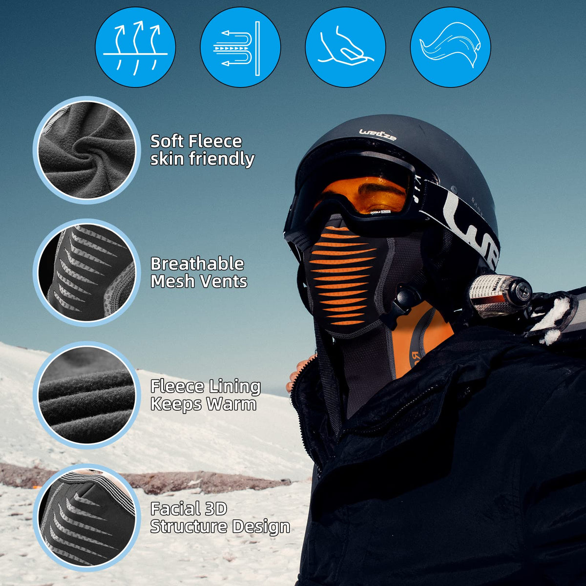 Pasamontañas de esquí ROCKBROS, Balaclava de invierno, cortavientos, de forro polar térmico, para cuello