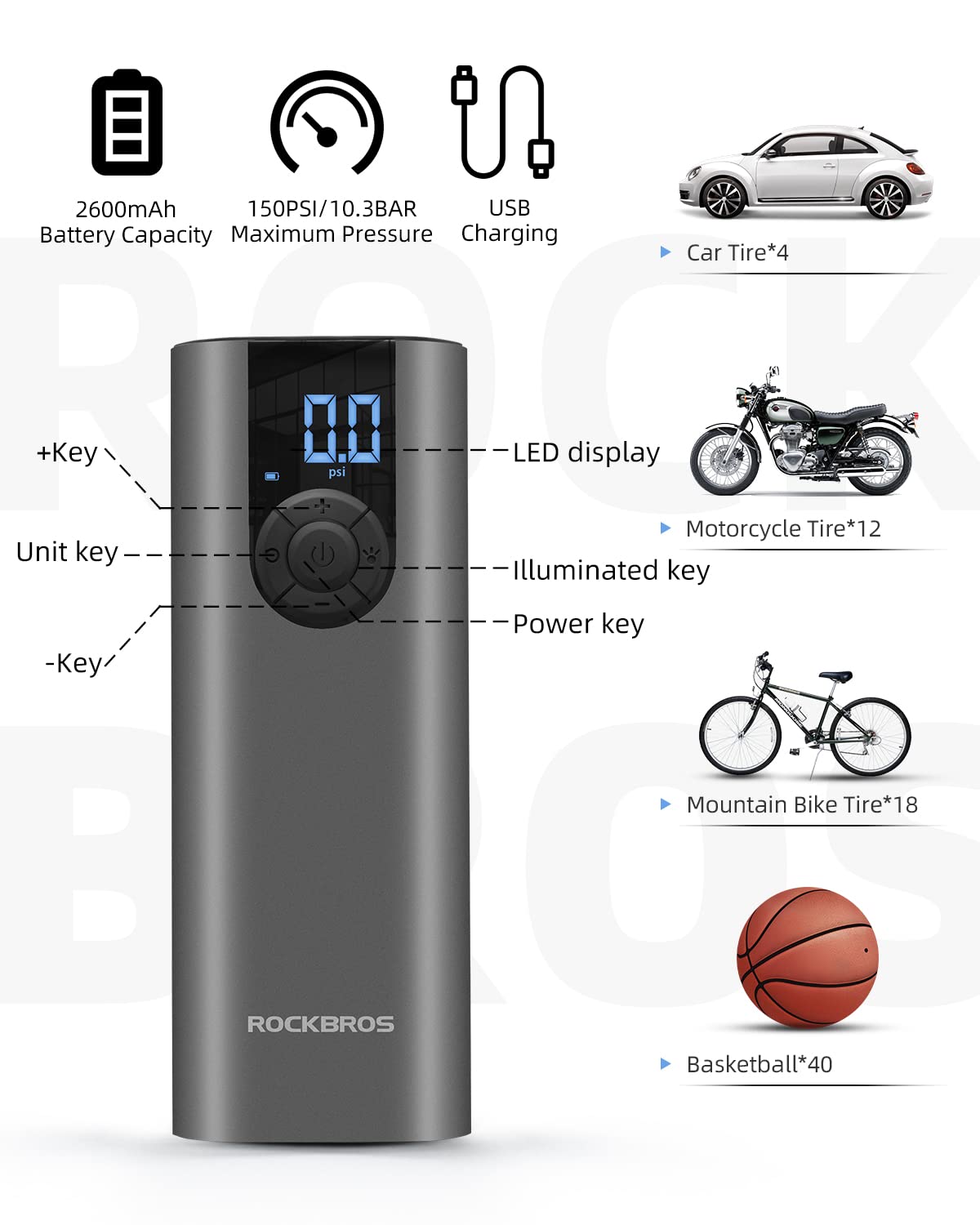 ROCKBROS A8 Electric Bike Tire Pump 150 Psi Inflator Portable Air Compressor 2*2600 mAh - ROCKBROS