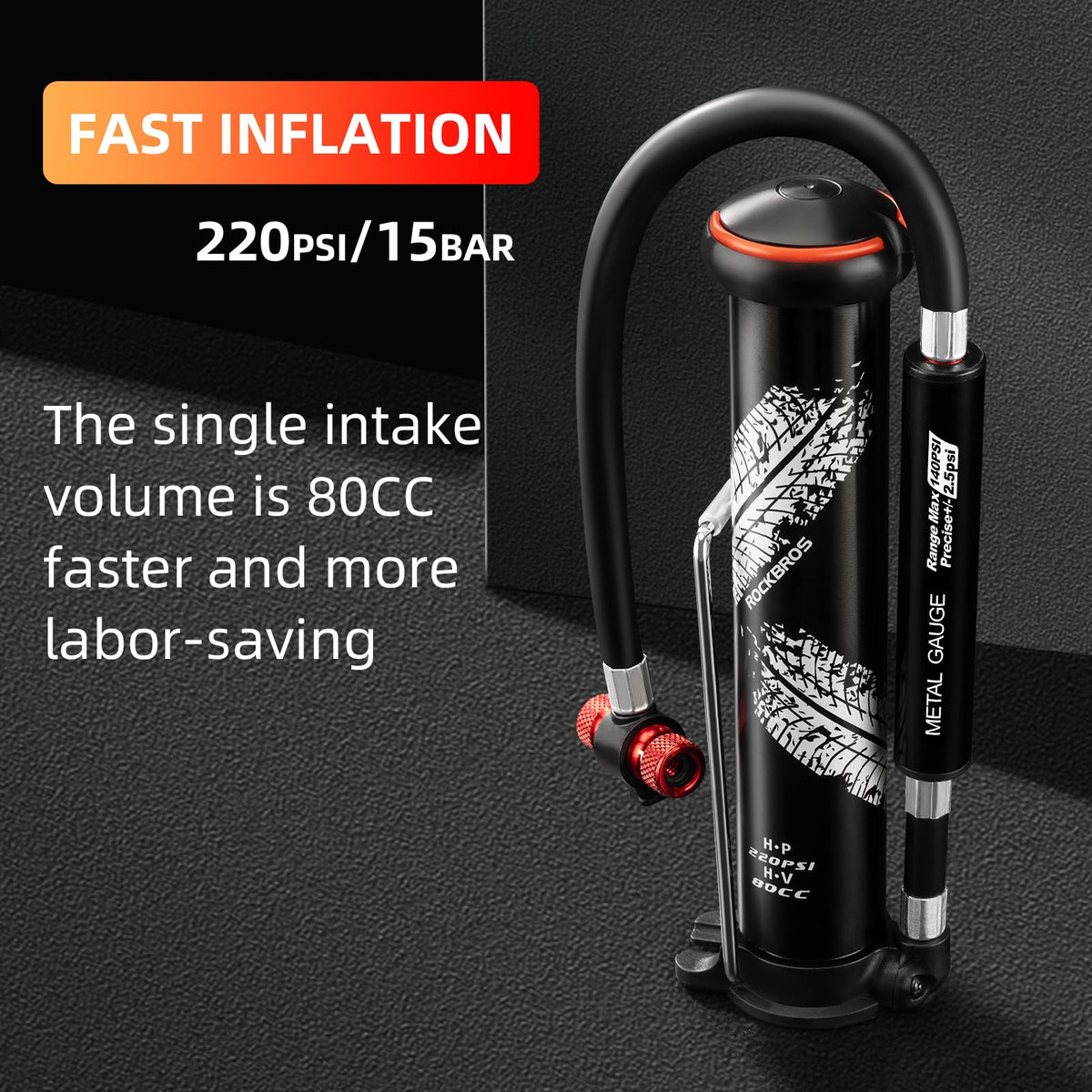 ROCKBROS Mini Bike Tire Pump Portable with Hidden Pressure Gauge Fits Valves 220PSI - ROCKBROS