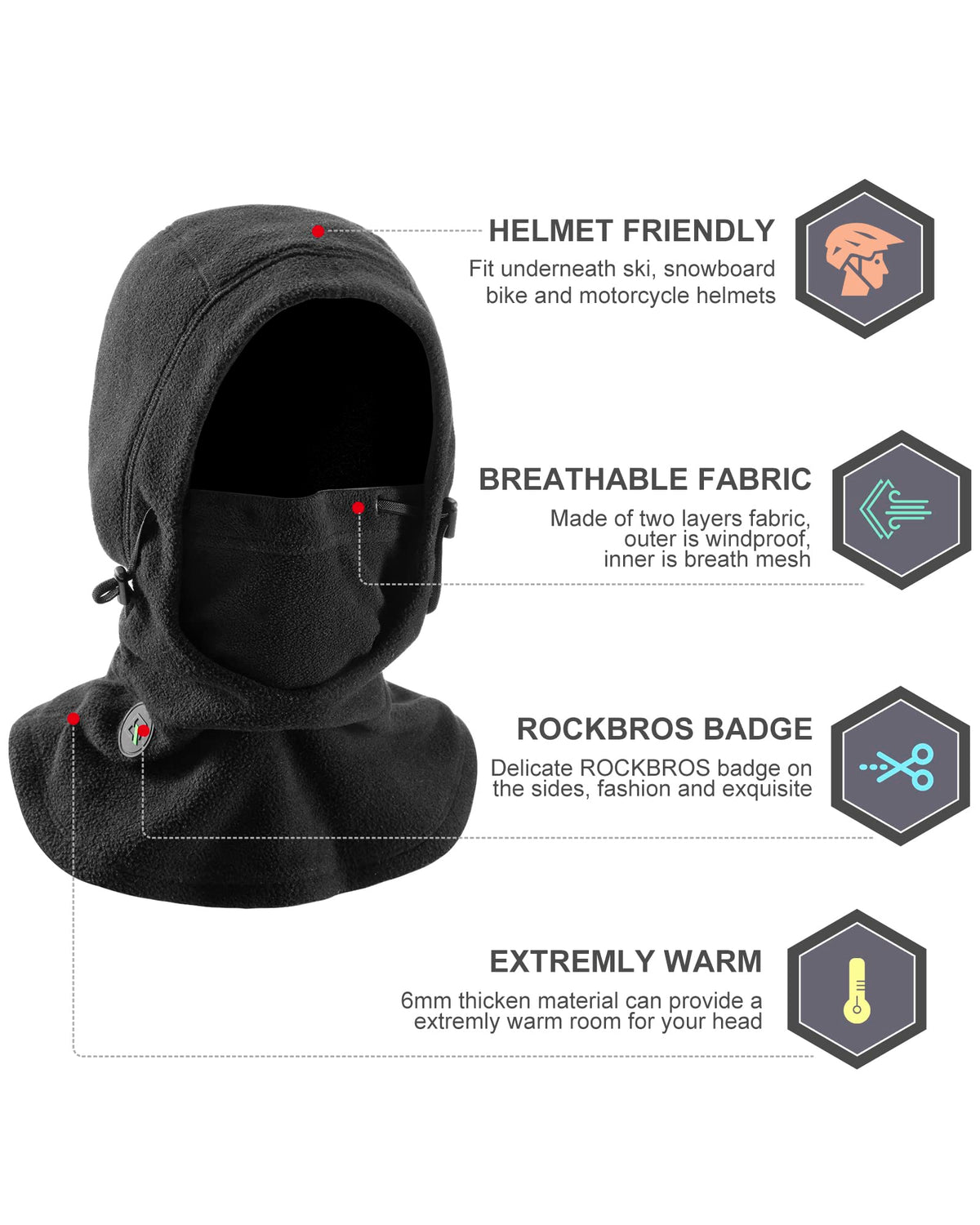 ROCKBROS Ski Mask Thermal Fleece Balaclava Winter Face Cover for Men Women - ROCKBROS