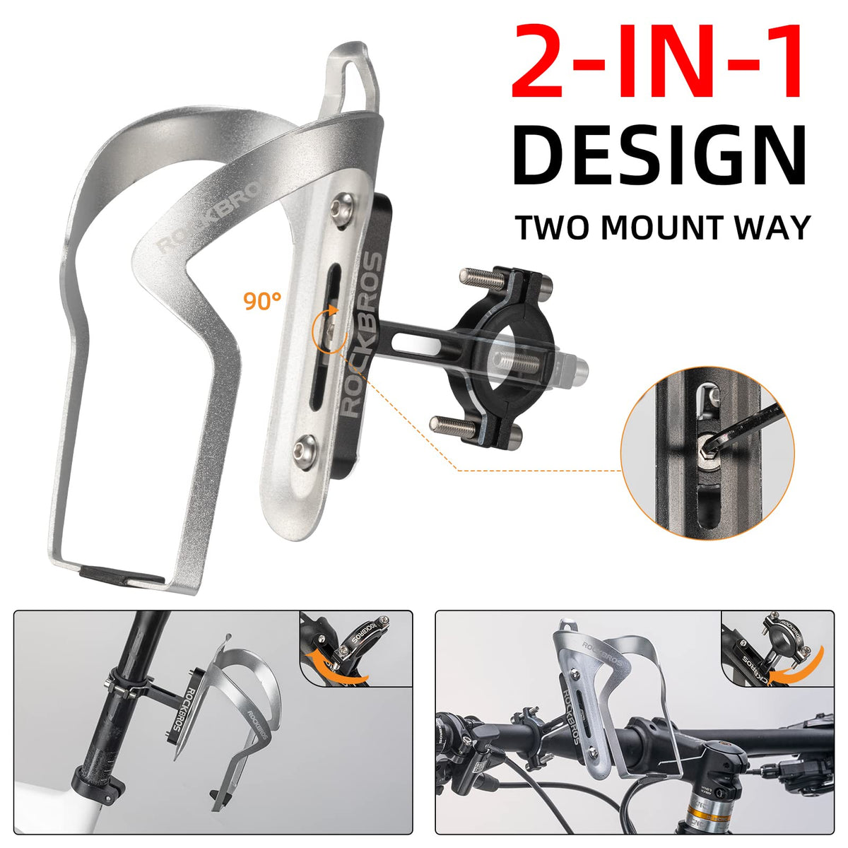 ROCKBROS 2-in-1 Bike Cup Holder Adjustable Bottle Cage for Handlebars & Seat Post - ROCKBROS