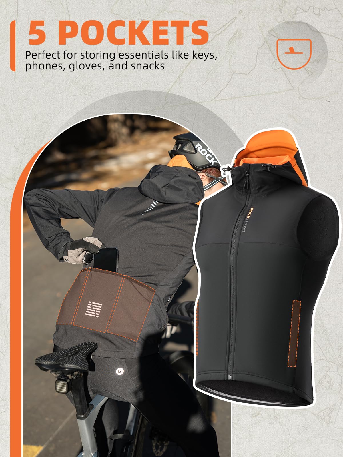 ROCKBROS Men's Winter Cycling Vest, Fleece-Lined, Windproof, Warm Sleeveless Jacket