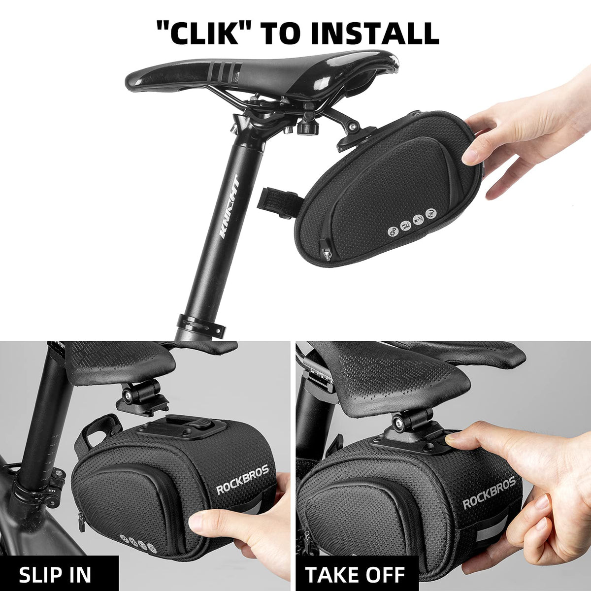 ROCKBROS Bolsa de sillín para bicicleta, debajo del asiento con montaje ajustable, bolsa de almacenamiento grande