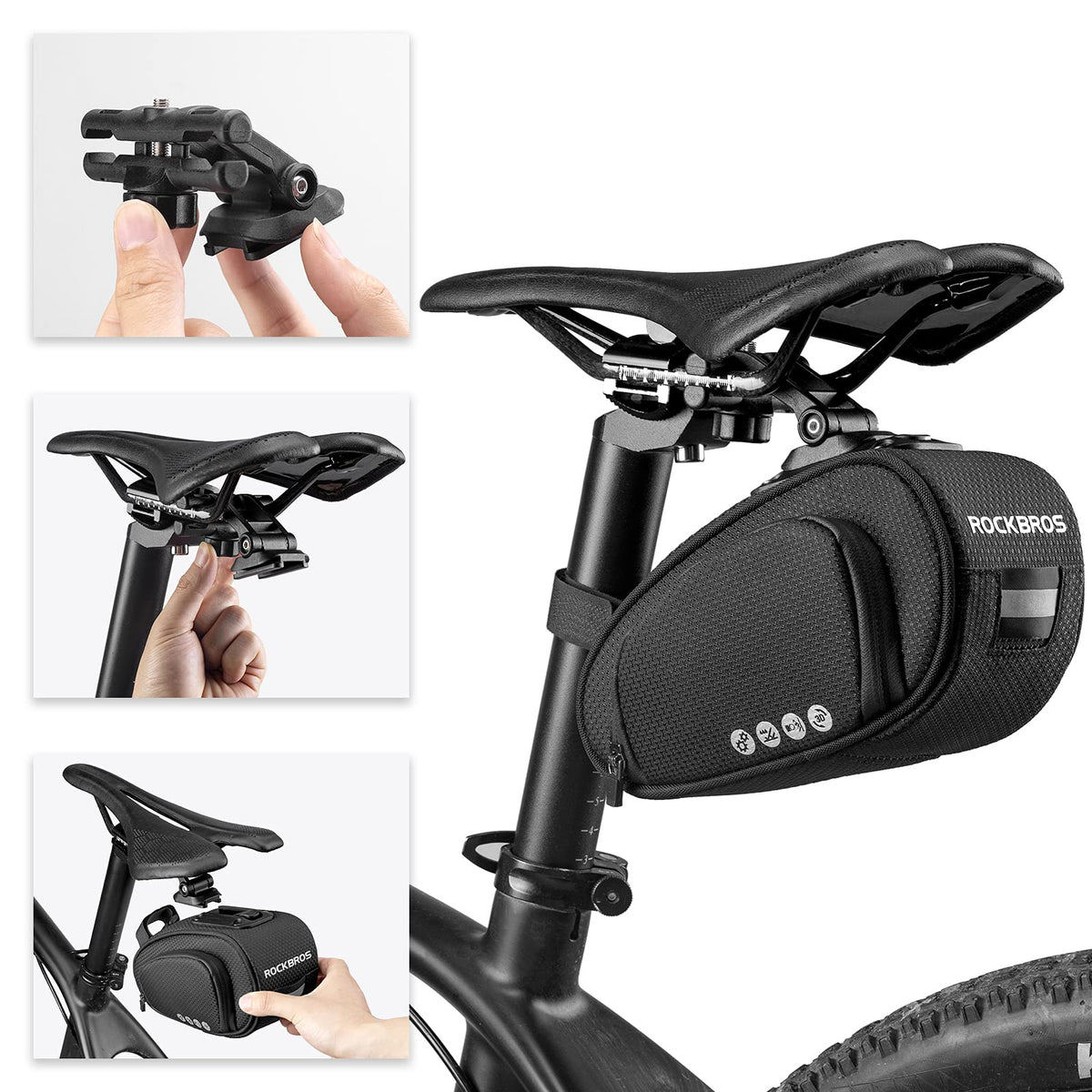 ROCKBROS Bolsa de sillín para bicicleta, debajo del asiento con montaje ajustable, bolsa de almacenamiento grande
