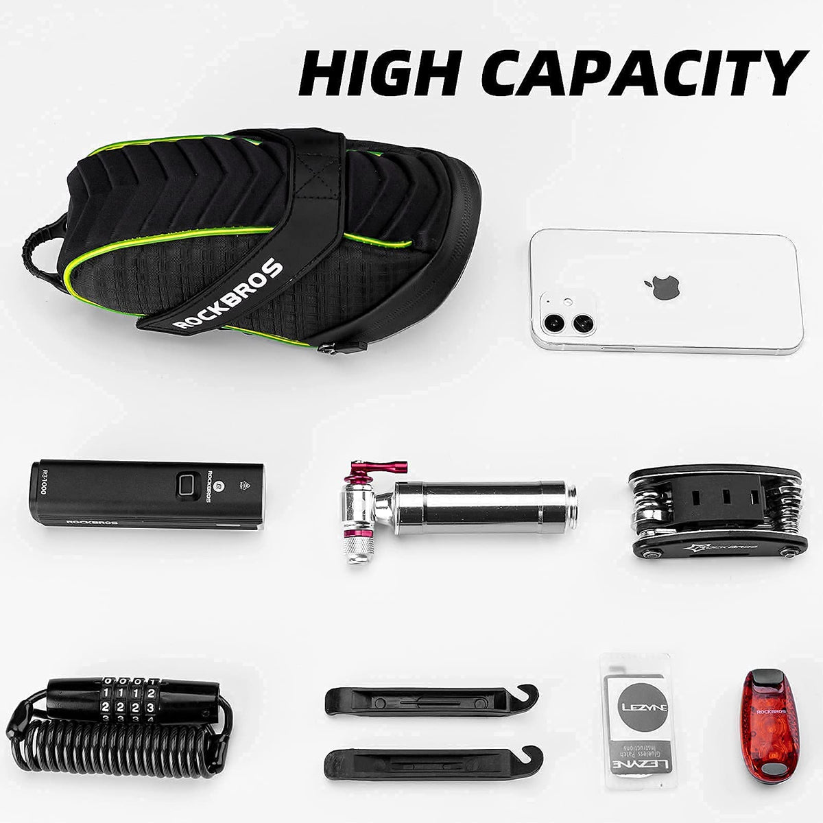 ROCKBROS Bolsa de sillín para bicicleta con luz LED, impermeable, carcasa 3D y cubierta para lluvia