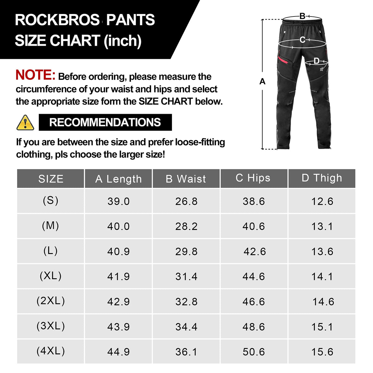 ROCKBROS Men's Windproof Thermal Cycling Pants - Winter Fleece for Biking, Running, Hiking - ROCKBROS