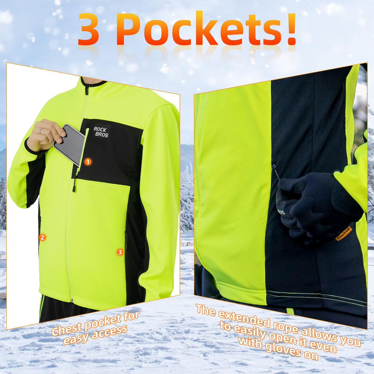 ROCKBROS Chaquetas térmicas de ciclismo Invierno Cálidas Transpirables Cortavientos 3 Bolsillos