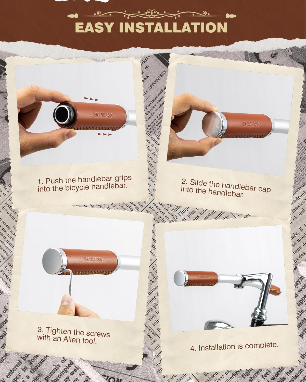 ROCKBROS Puños de cuero vintage para bicicleta de montaña, bicicleta plegable, 22,2 mm