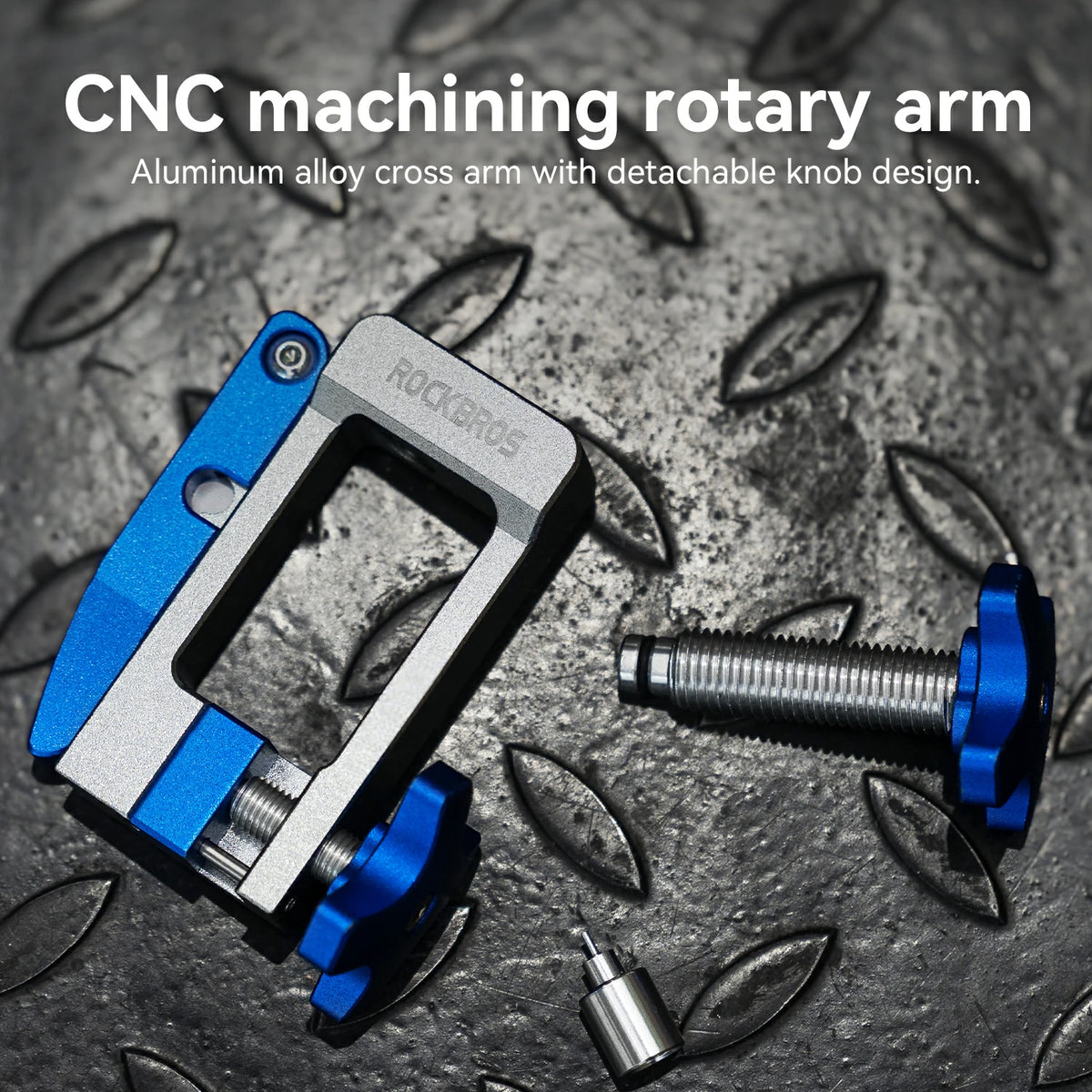 CNC machining rotary arm anodized aluminum with bright blue adjustment knobs, shown disassembled on a dark textured diamond plate background with text overlay.