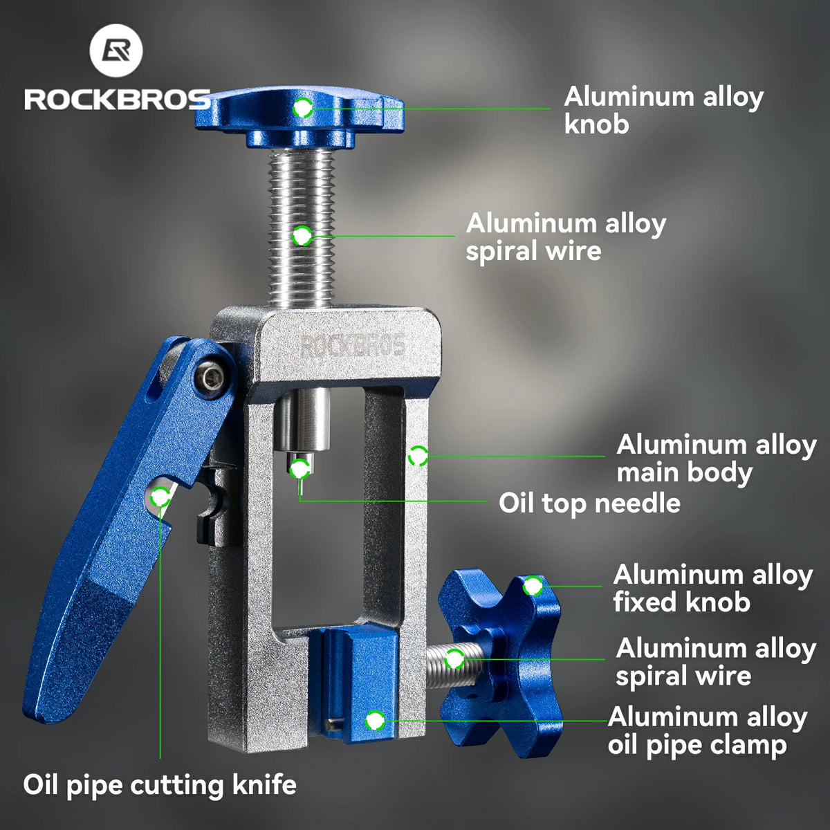 Rockbros aluminum oil pipe clamp tool with blue and silver metal components, shown with labeled callouts identifying parts such as the aluminum alloy knob, spiral wire, main body, oil top needle, fixed knob, and oil pipe cutting knife on a dark gradient background.