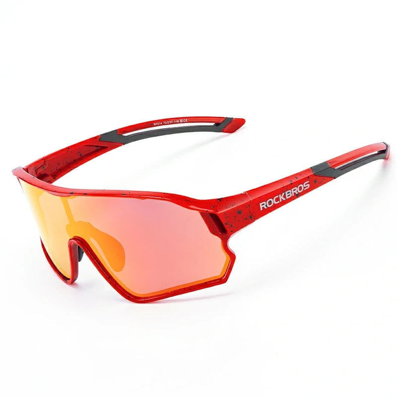 Red sunglasses with orange lenses on a white background, featuring the brand 'RockBros'.#color_Red Frame