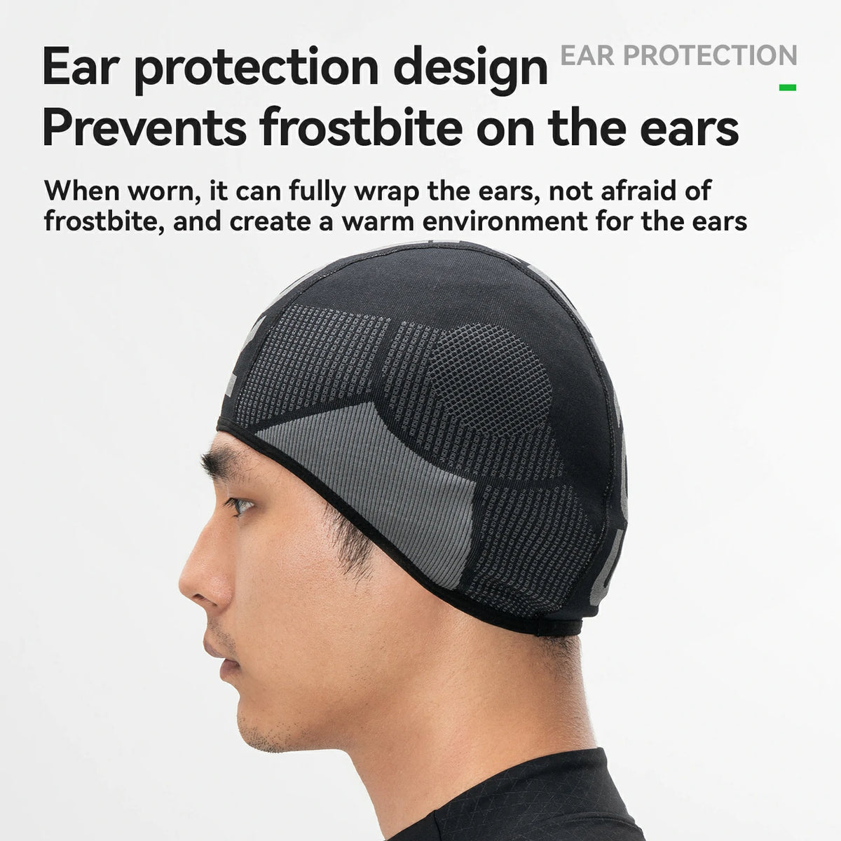 Person wearing a black ear protection design against frostbite with text explaining its benefits.