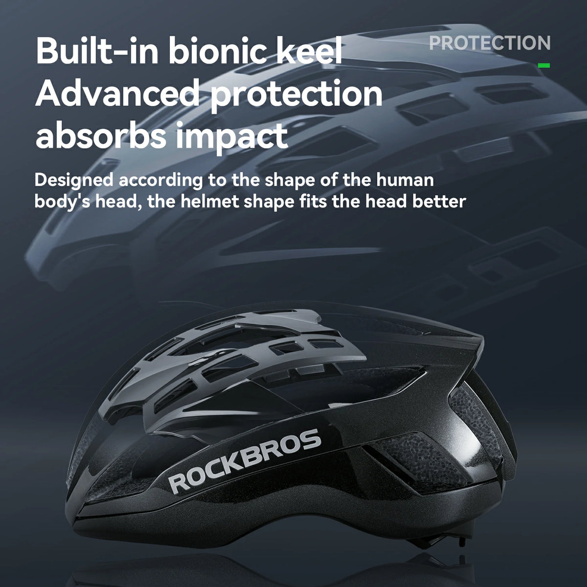 Black helmet with 'RockBros' branding on a dark background, highlighting built-in bionic keel and advanced protection features.