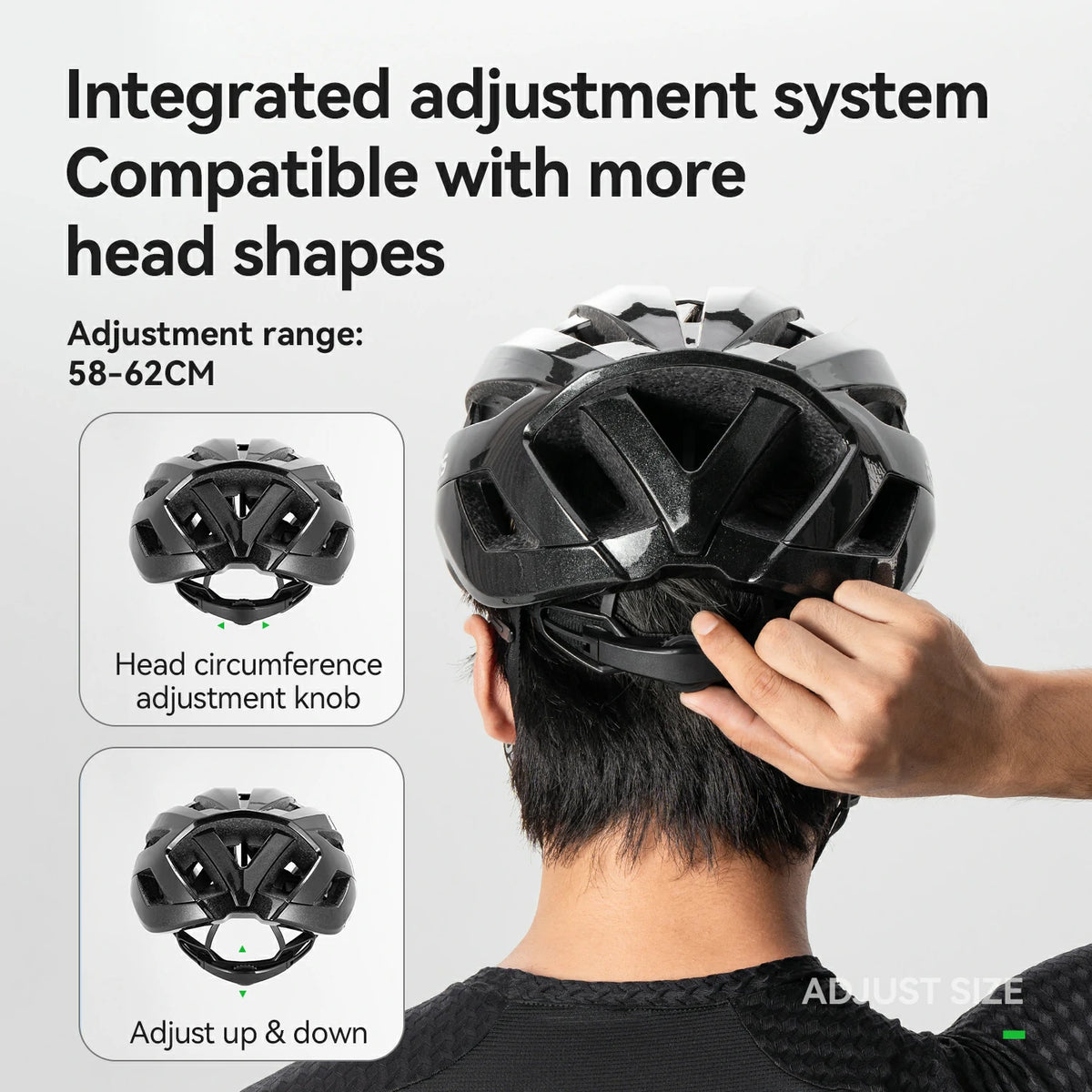 Person adjusting a black helmet with text about an integrated adjustment system on a white background