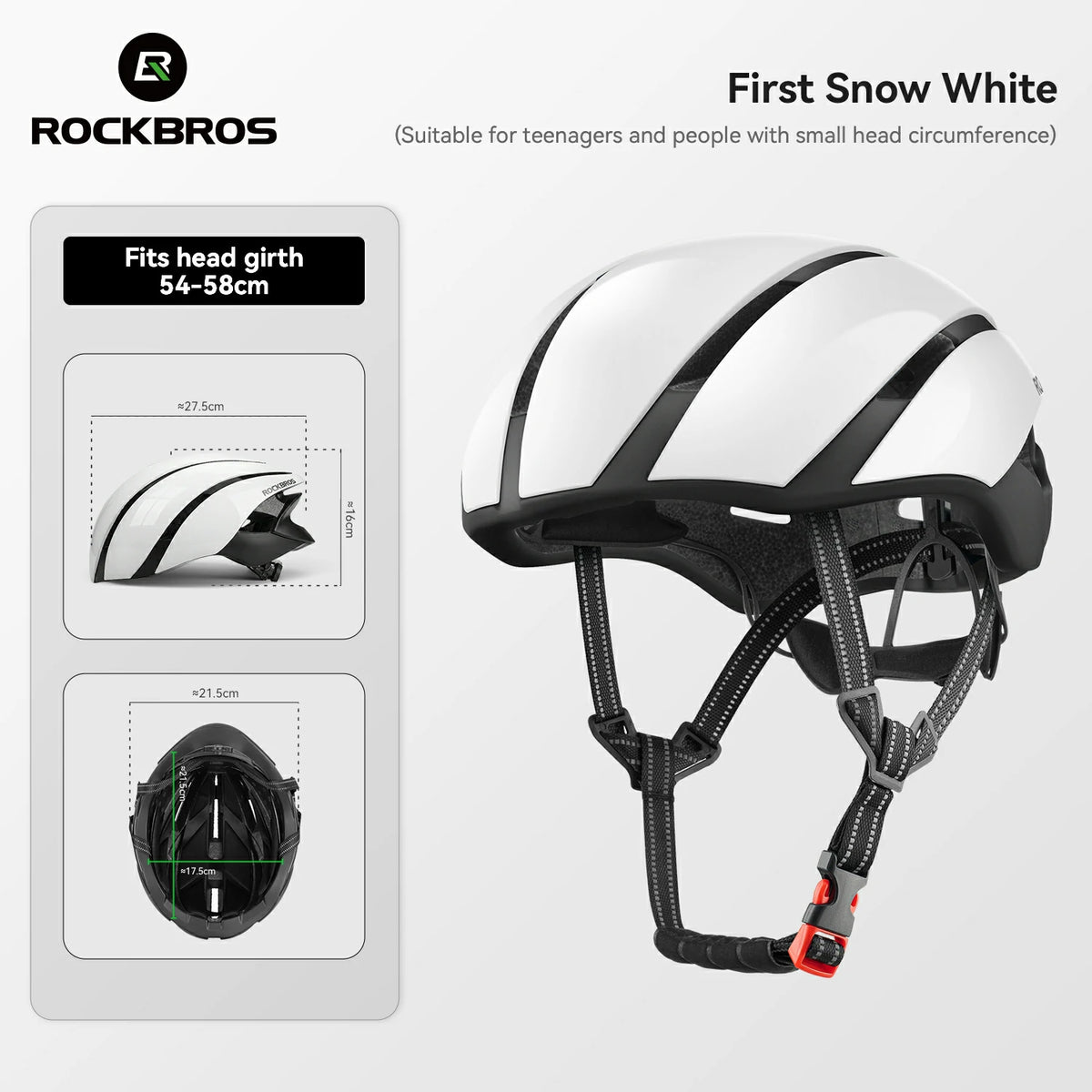 A white and black Rockbros snow helmet shown on a light gray background with product information text and a fitment diagram. The helmet has a glossy finish, black vents, black chin straps, and a small red buckle accent. #Color_White