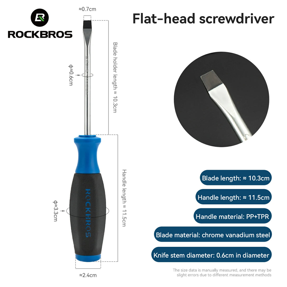 Rockbros flat-head screwdriver with a blue and black handle, shown with dimension callouts and a circular close-up of the blade tip. Text on the image lists key specifications including blade length, handle length, handle material, blade material, and stem diameter.