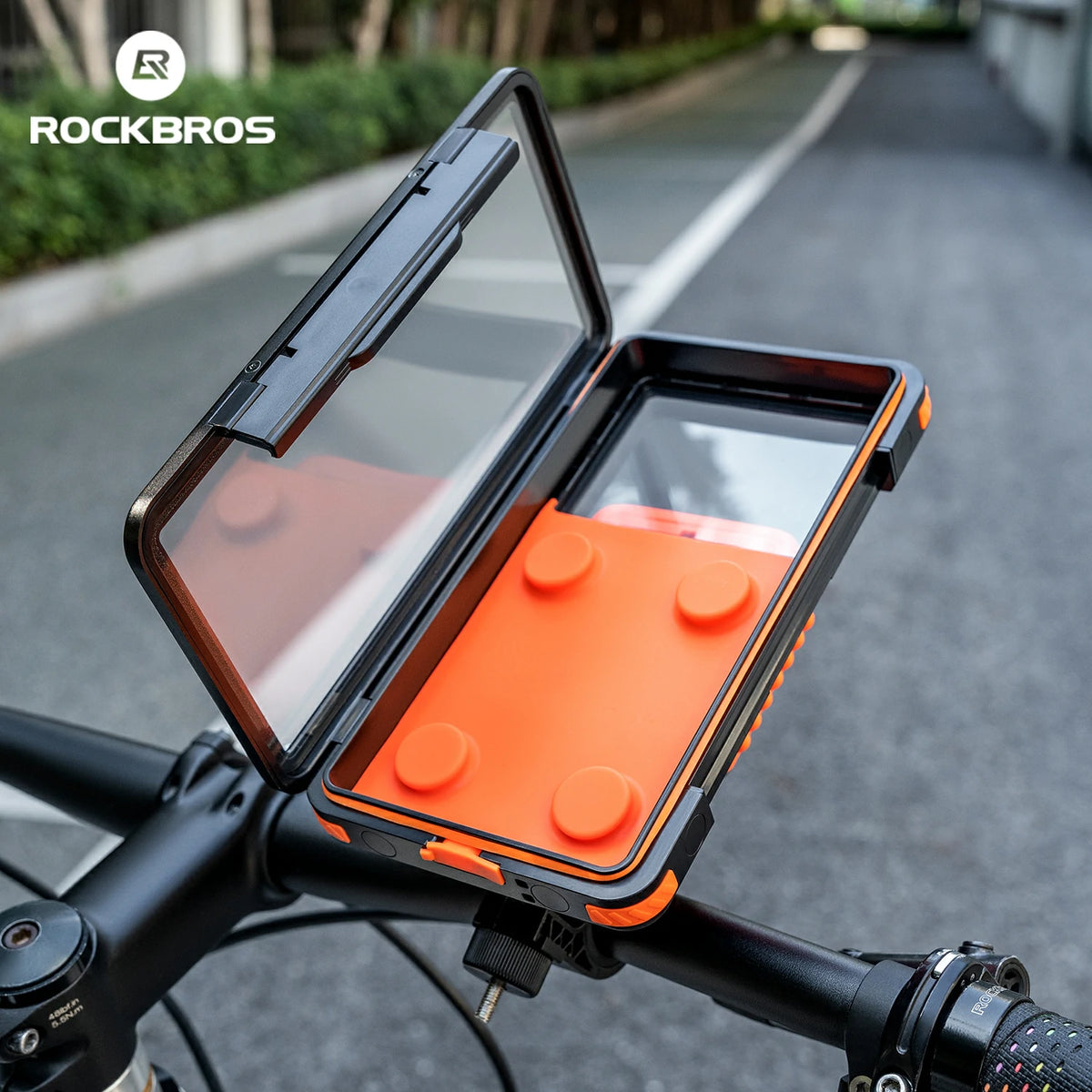 Orange phone case with a mirror on a bicycle handlebar, brand 'RockBros' visible