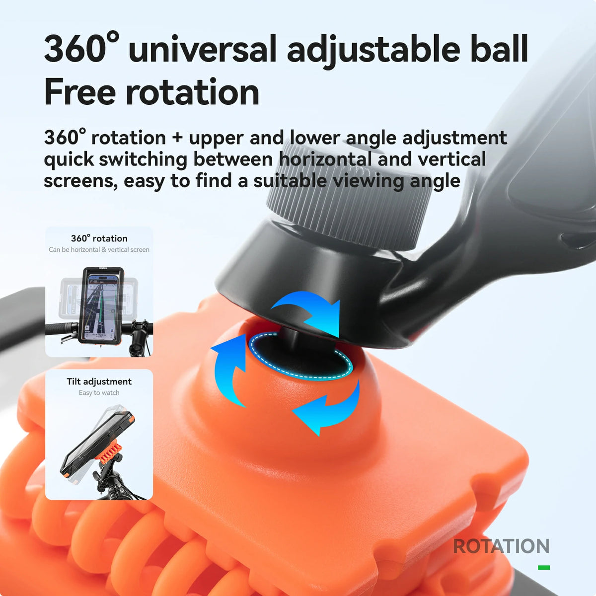 Orange 360-degree adjustable ball with text describing its features on a light gray background.