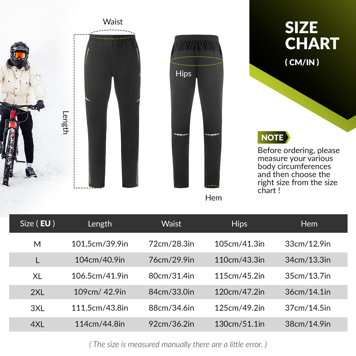Black pants with measurement guide and size chart 