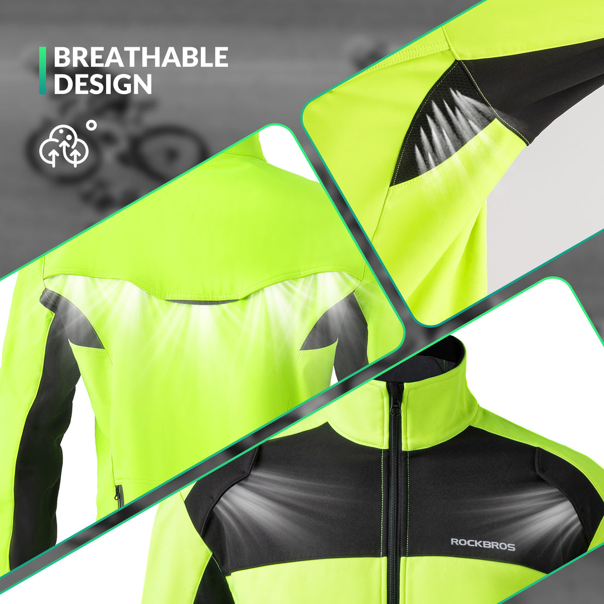 Yellow and black jacket with 'Rockbros' branding, highlighting breathable design.