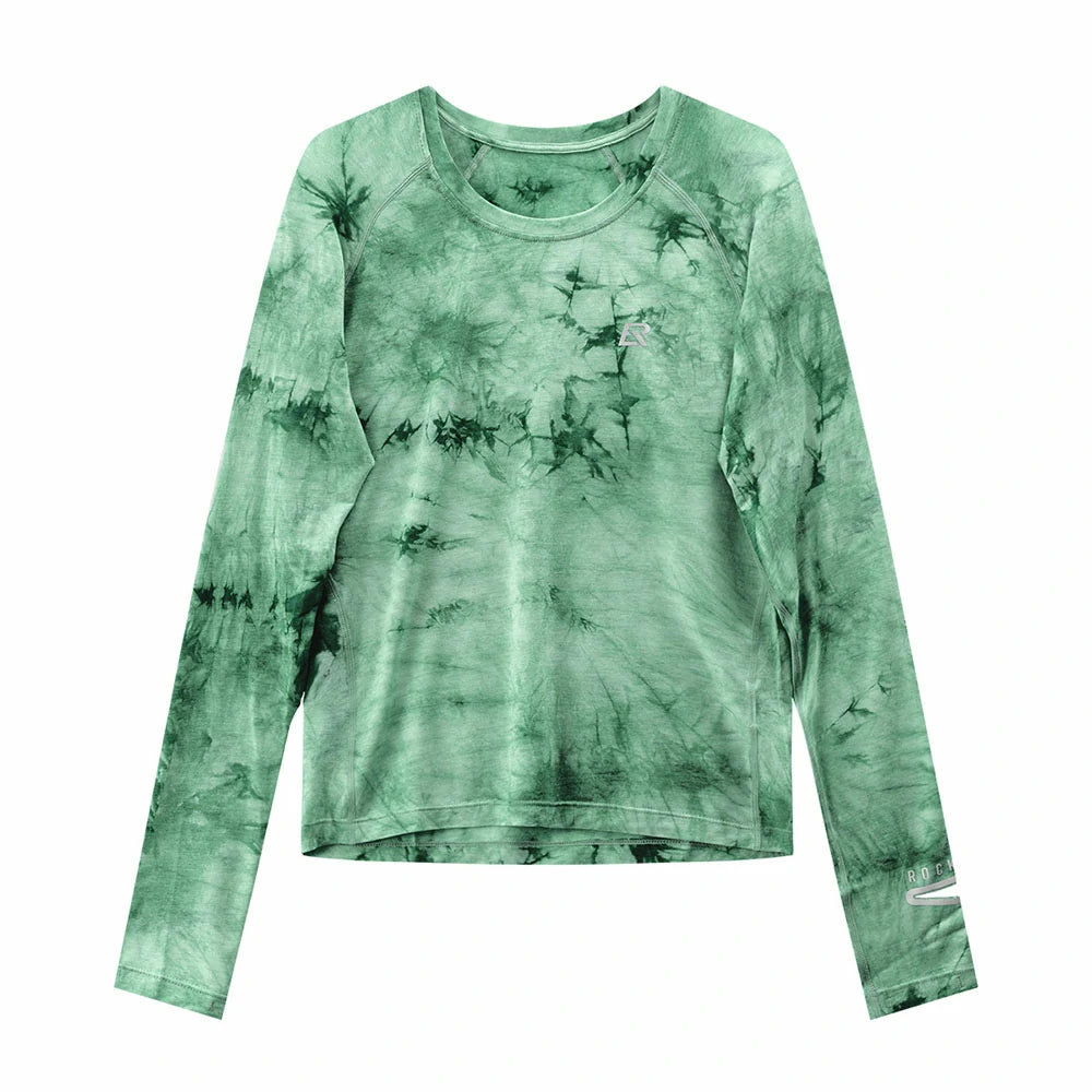 A long-sleeve crewneck shirt with a green and white tie-dye pattern, displayed flat against a solid white background. #Color_Dark Green