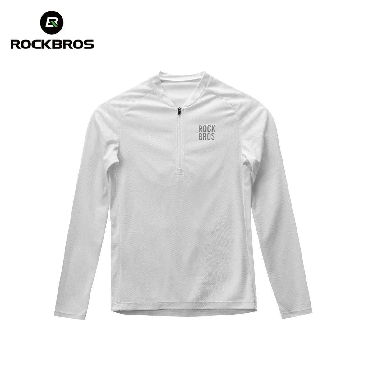 A white long-sleeve quarter-zip athletic top by Rockbros, featuring a small black logo on the left chest, displayed on a clean white background with the brand logo in the top-left corner. #Color_White