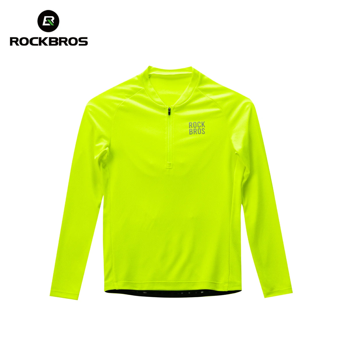 A bright neon yellow-green long-sleeve athletic half-zip top by Rockbros, shown flat against a white background with the brand logo in the top-left corner.  #Color_Yellow
