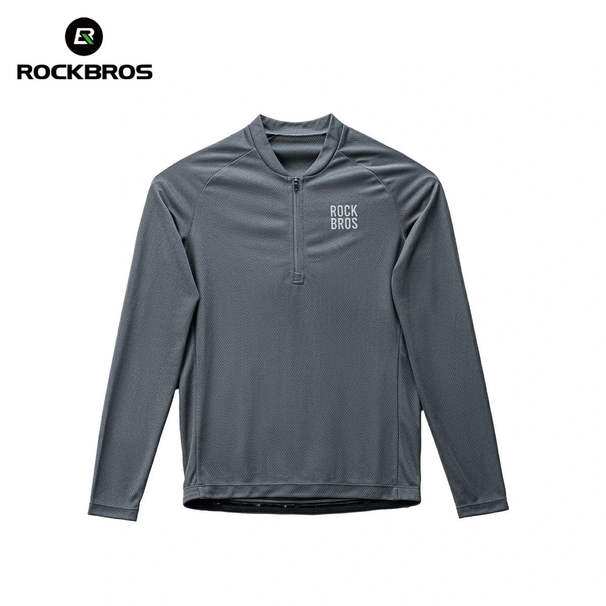 A dark gray long-sleeve quarter-zip athletic pullover from Rockbros, featuring a stand collar and a white printed logo on the left chest, shown against a plain white background with the brand logo in the top-left corner. #Color_Gray