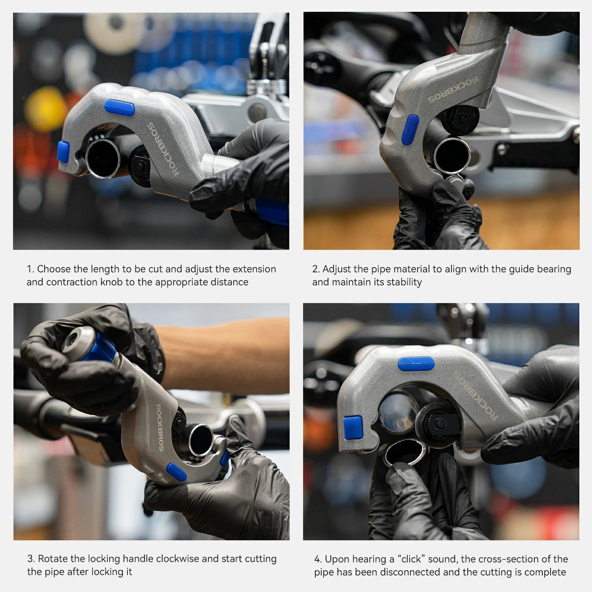 Four-panel instructional graphic showing a person wearing black gloves using a silver and road bike headset extension tool to adjust and cut a headset pipe. Step-by-step text is included in each panel.