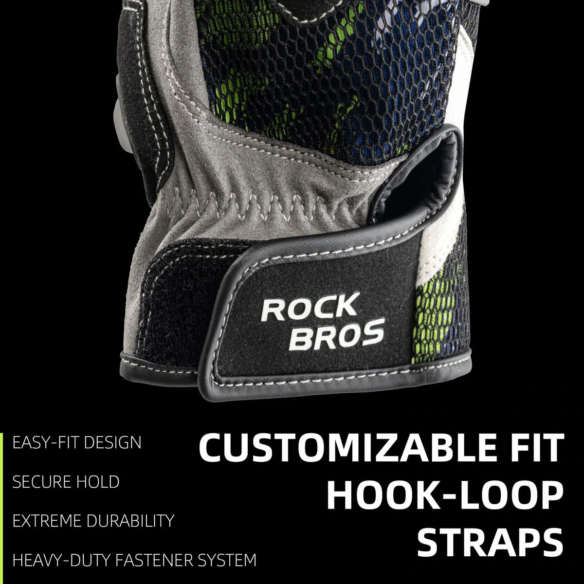 Glove with customizable fit hook-loop straps labeled 'Rock Bros' on a black background.