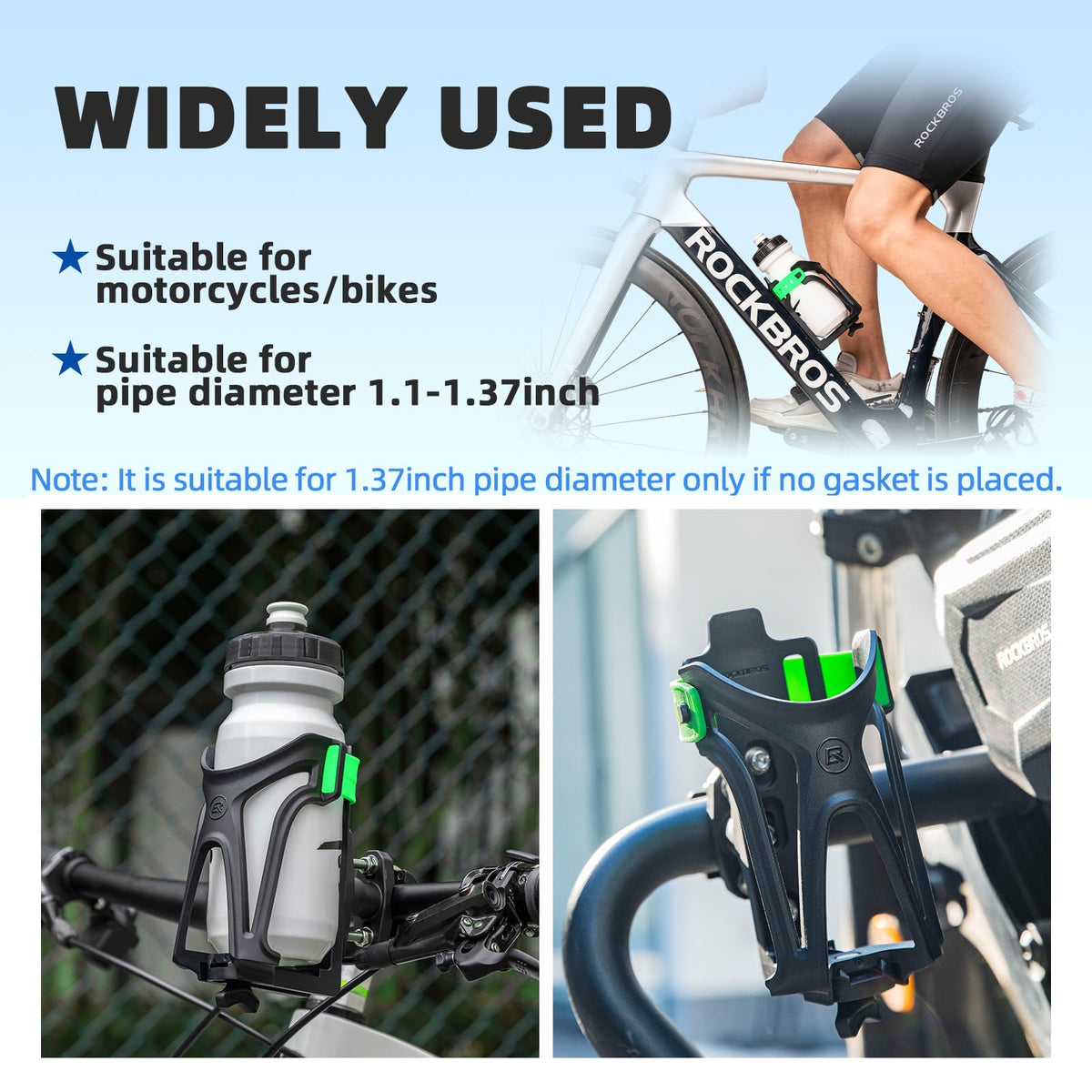 ROCKBROS Adjustable Water Bottle Holder for 2.3-3" Bottles, Bike & Motorcycle Mount