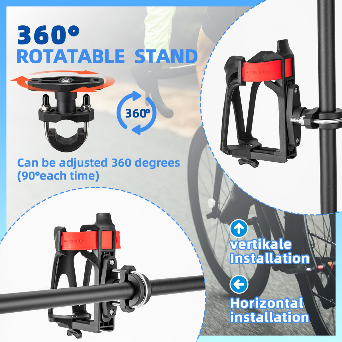 ROCKBROS Adjustable Water Bottle Holder for 2.3-3" Bottles, Bike & Motorcycle Mount