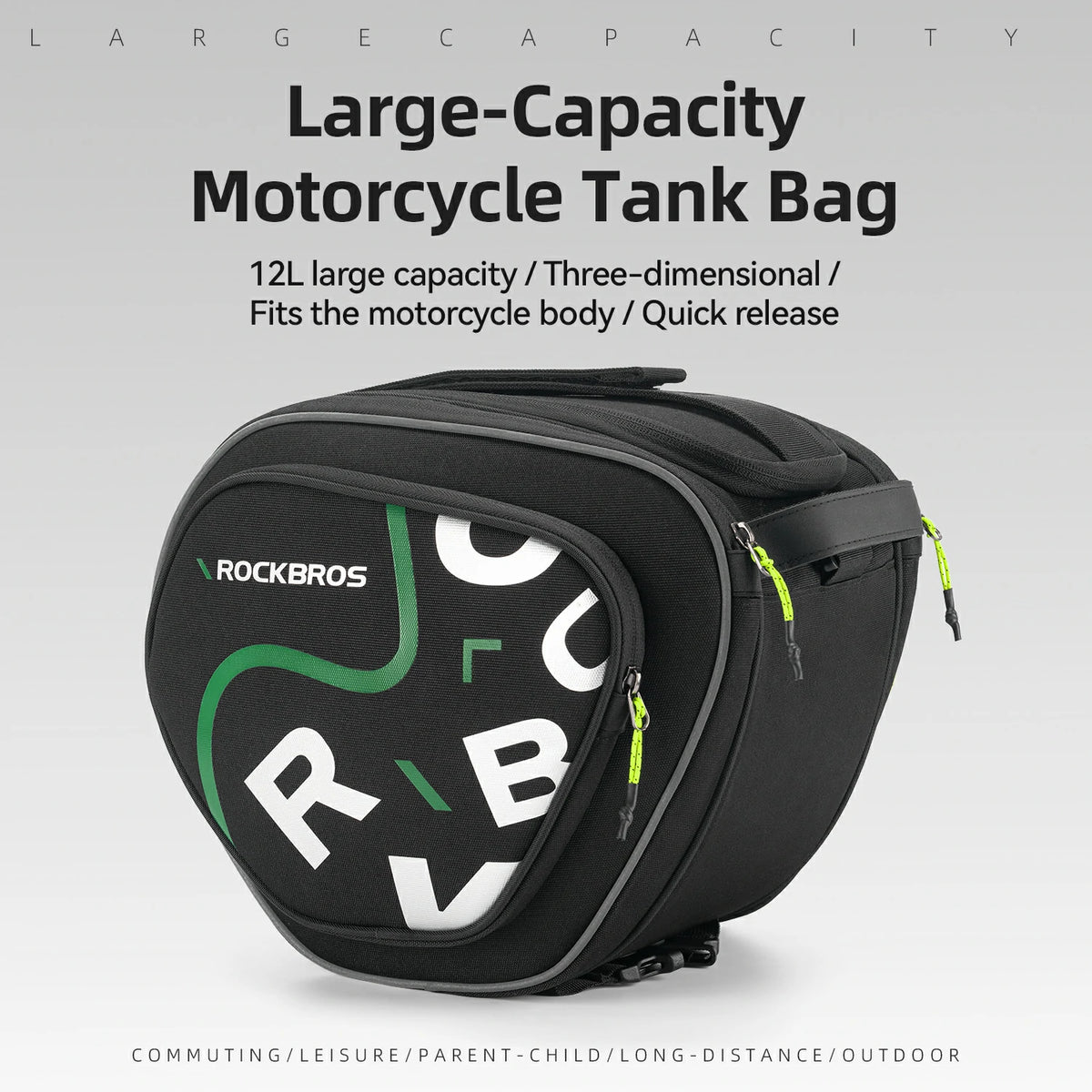 Black motorcycle tank bag with green and white design on a gray background
