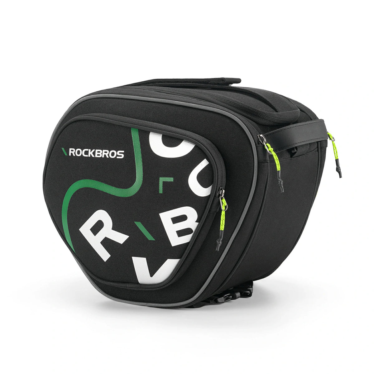 Black bag with green and white branding on a white background