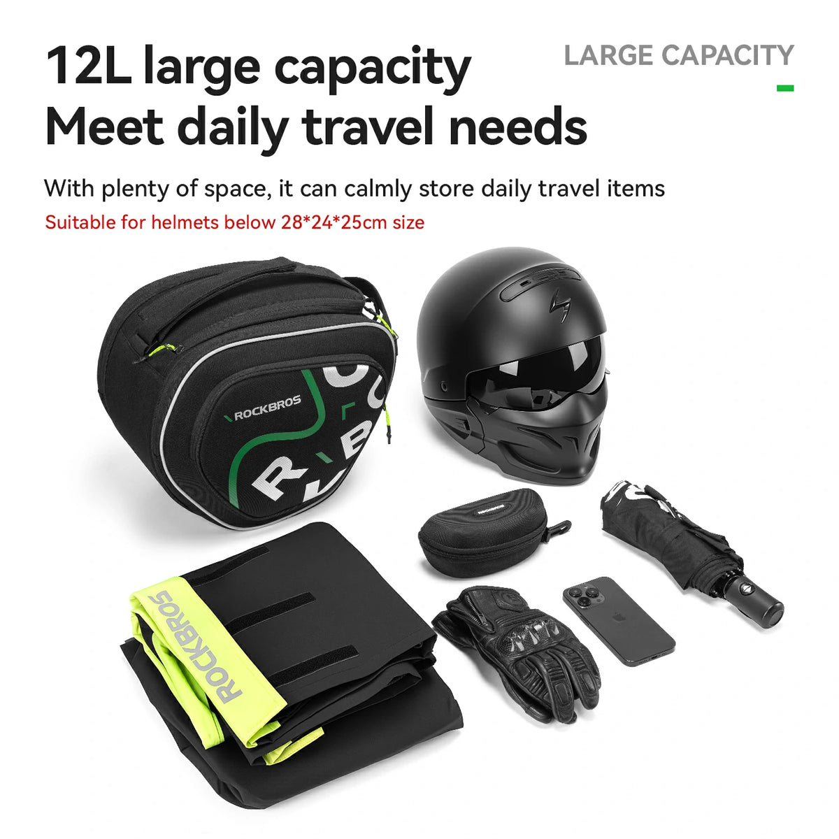  bag with helmet, gloves, phone, and other travel items on a white background
