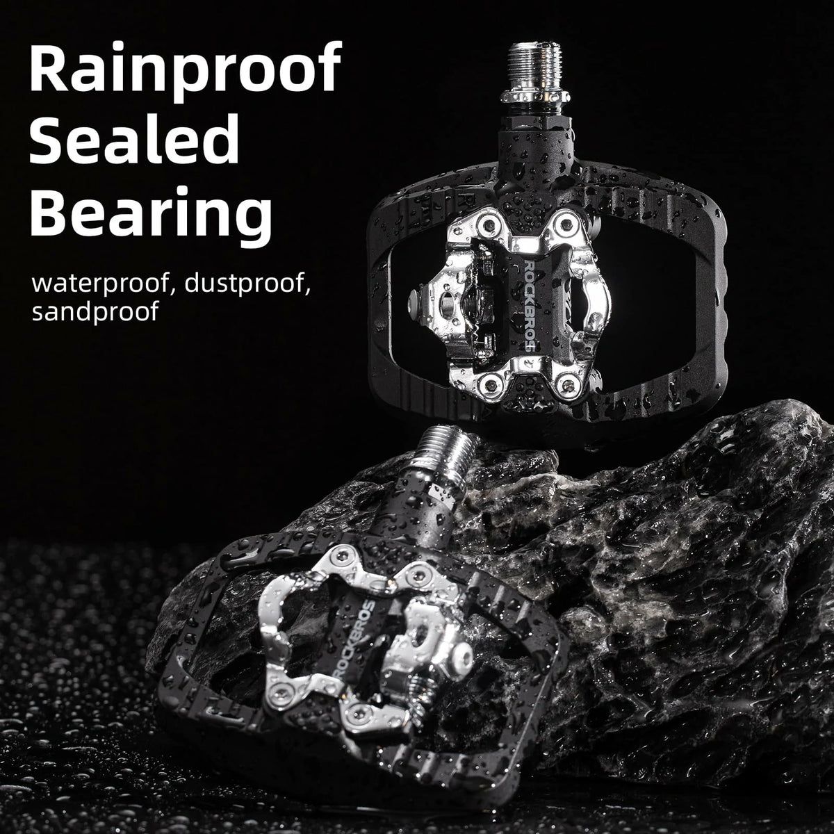 Rainproof sealed bearing with waterproof, dustproof, sandproof text on a black background