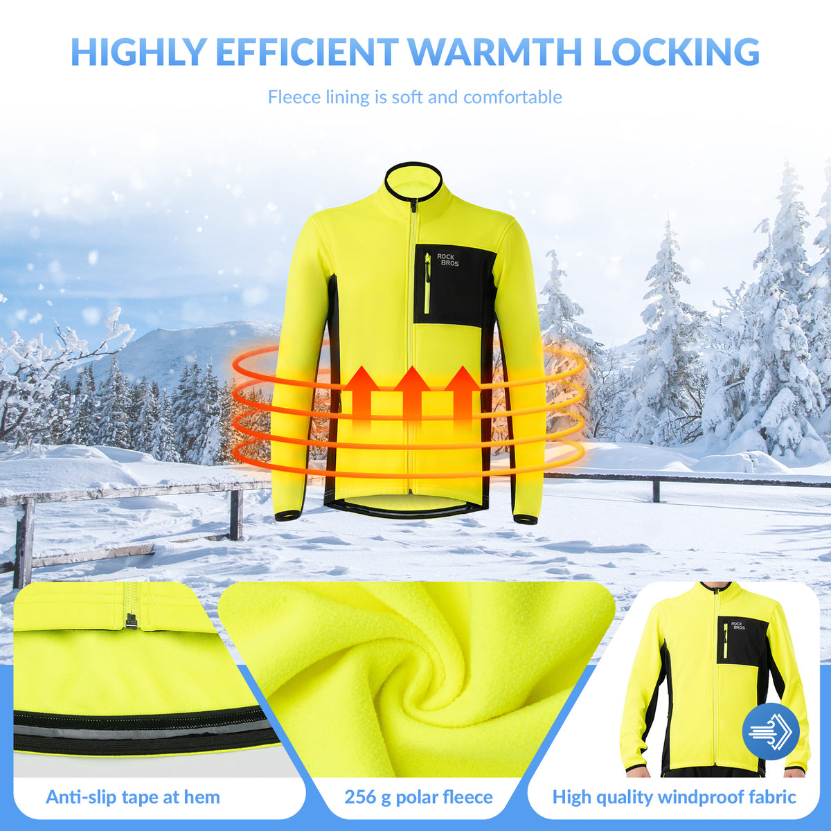 Yellow winter jacket with text highlighting features on a snowy background
