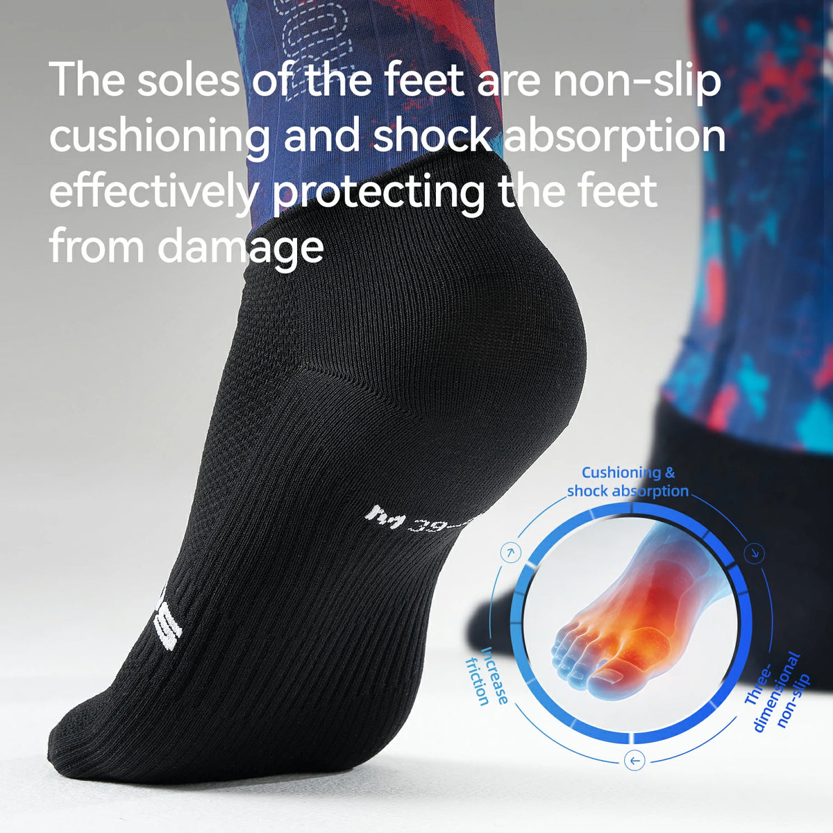 Black sock with text about non-slip cushioning and shock absorption on a white background