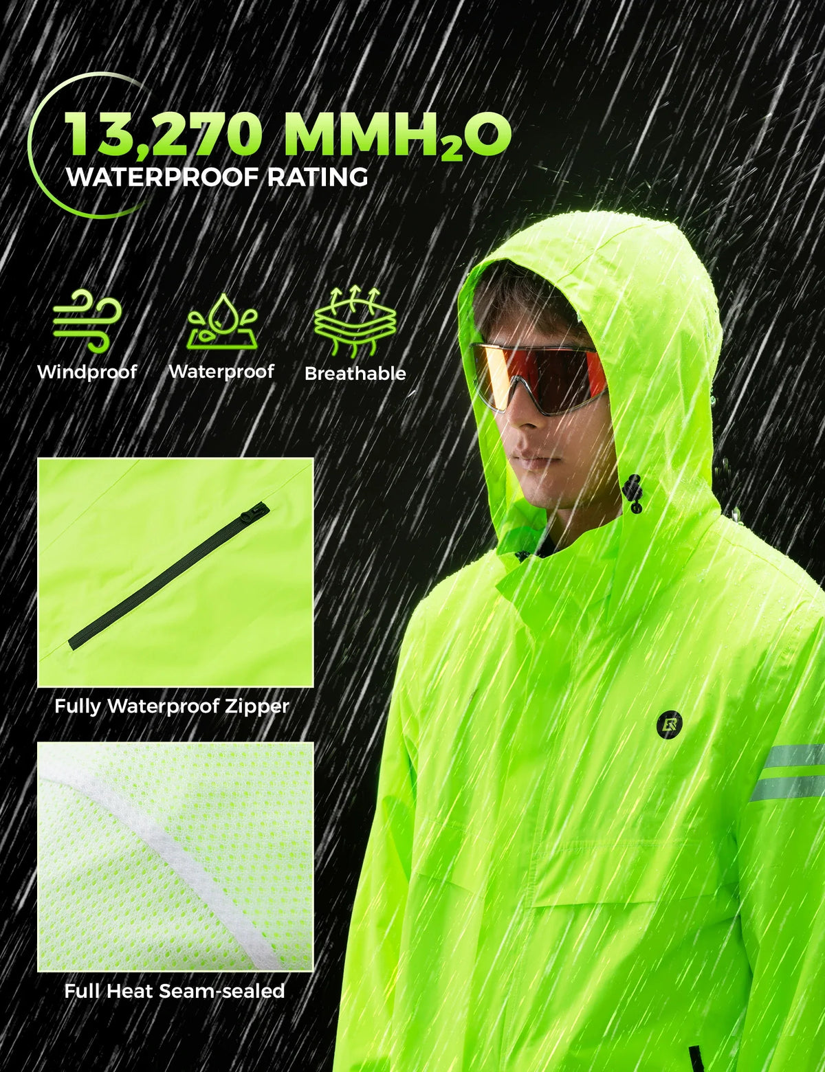 Rockbros waterproof cycling rain suit worn in wet weather conditions