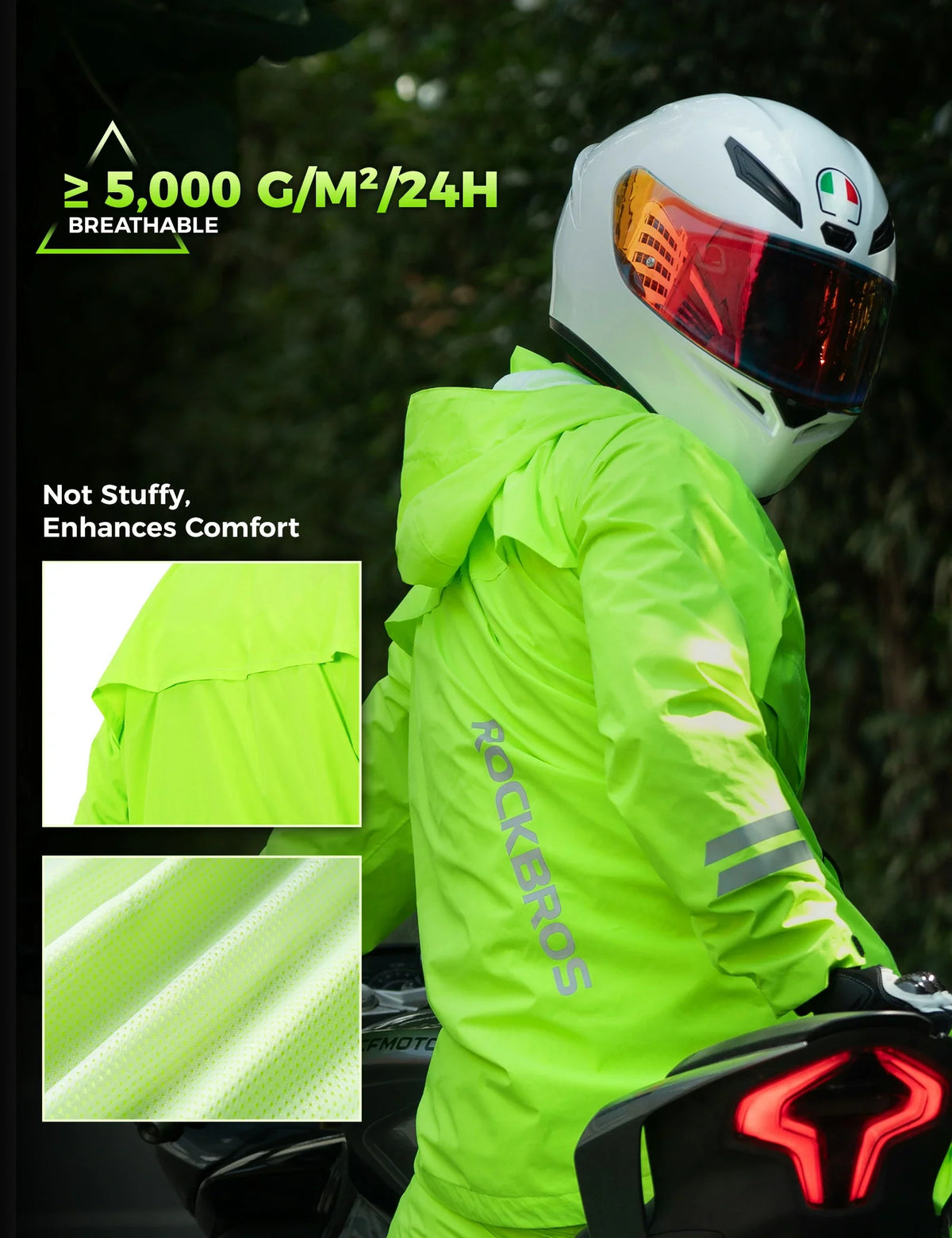 Rockbros waterproof cycling rain suit worn in wet weather conditions