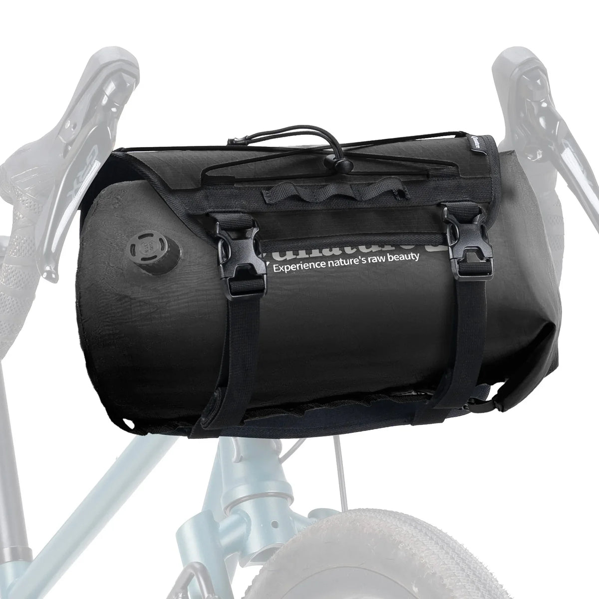 Black bike bag attached to a bicycle with a white background