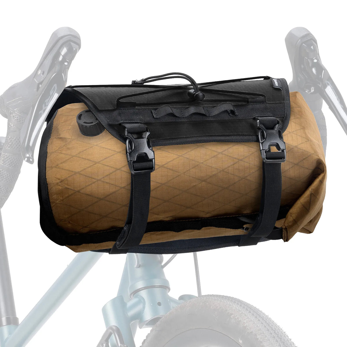 Brown roll-up bike bag with black straps on a bicycle frame against a white background