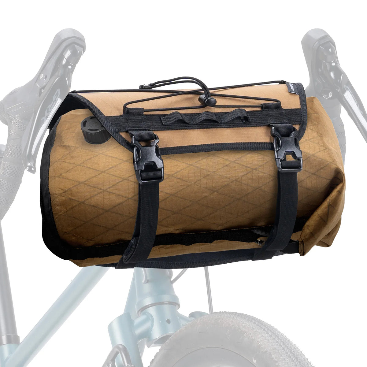 Brown bicycle saddle bag with black straps on a light blue bicycle.