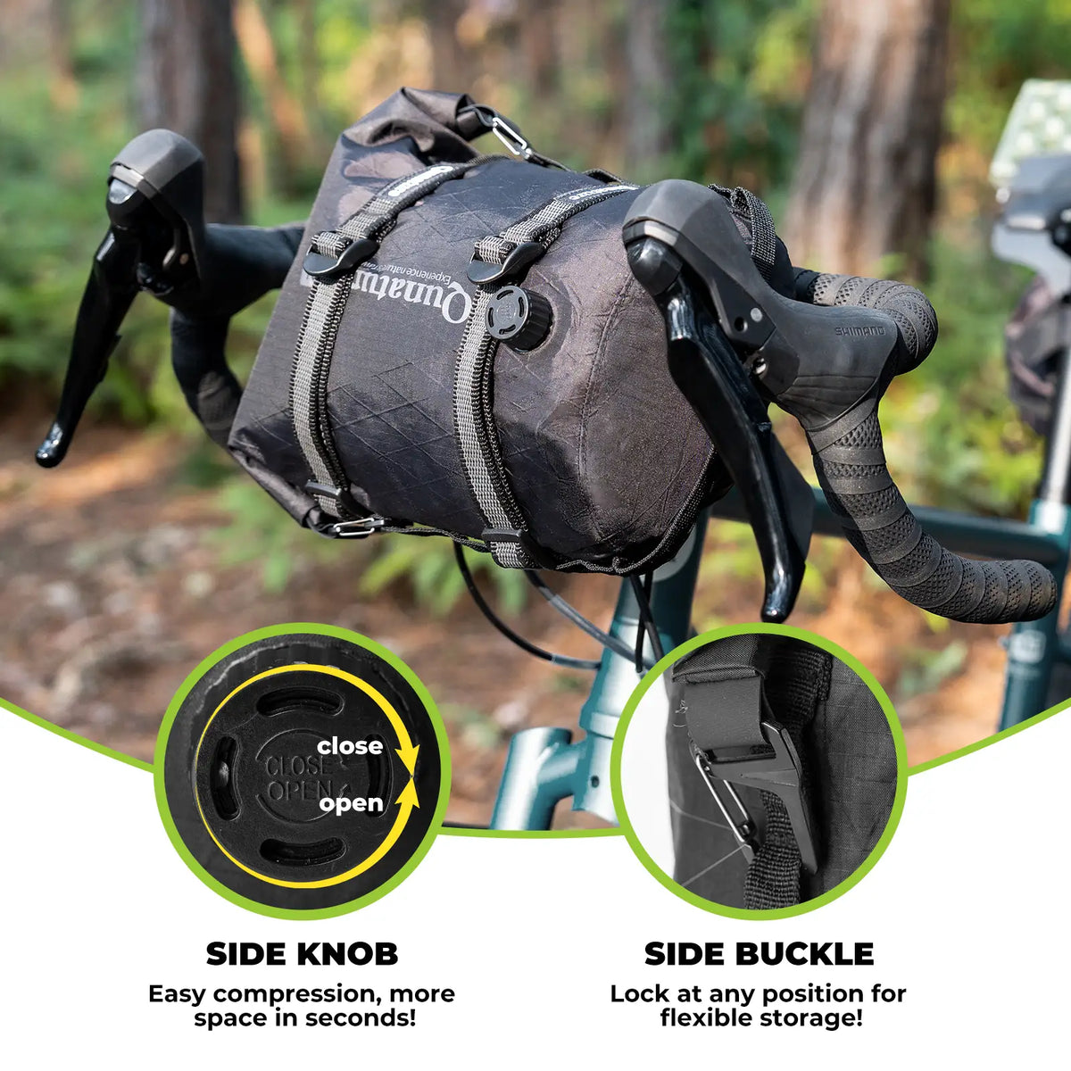 Bicycle handlebar bag with close-up details on a bike in a forest setting