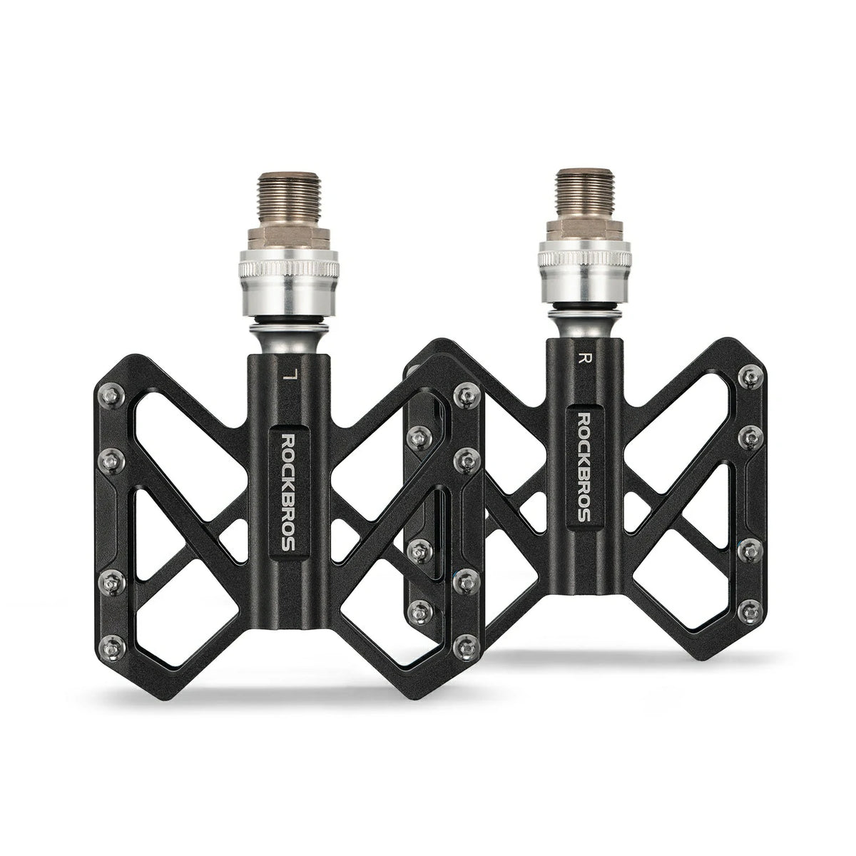A pair of black RockBros bicycle drop pedals with silver threaded stems, displayed side-by-side on a clean white background. #Color_Black