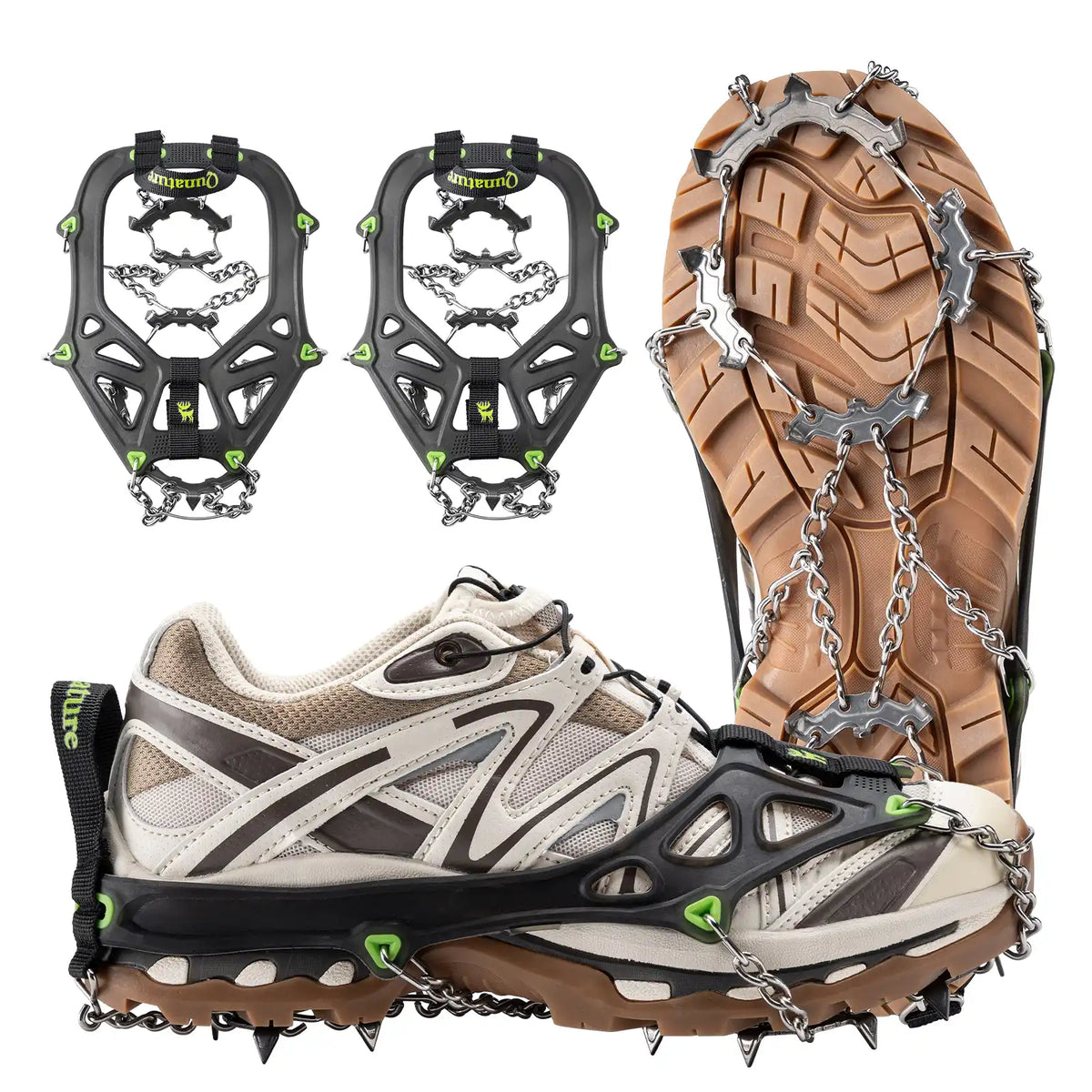 Ice cleats attached to a shoe on a white background